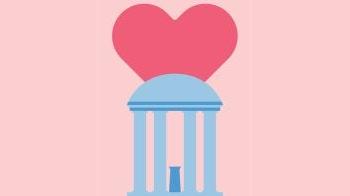 Graphic with a large pink heart atop UNC-Chapel Hill's Old Well.