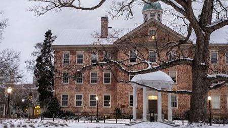 Old Well and South Building on a snowy morning.